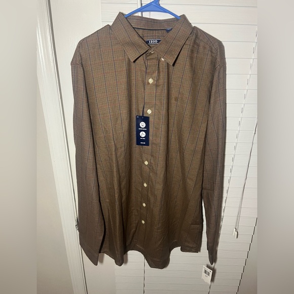 XLT NWT Men's IZOD Brown Cognac Long-Sleeve Button Down Shirt - Picture 3 of 11